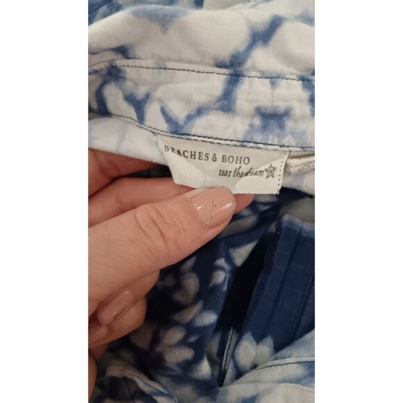 Beach & Boho Large Blue White Tie Dye Cotton Button Up Travel Pool Vacation Top - Picture 6 of 7